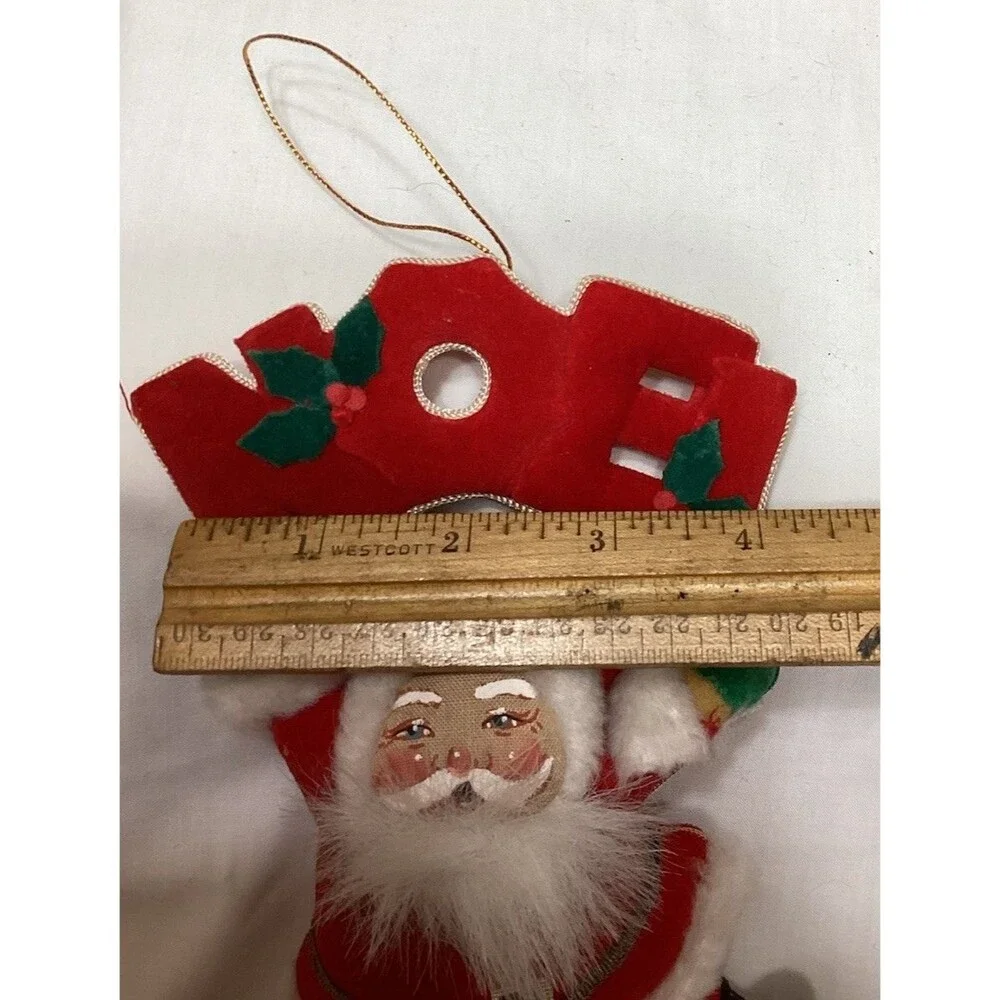 Vtg Santa Claus Red Velvet Plush Fur Xmas Hanging Tree Ornament W/ Noel Sign